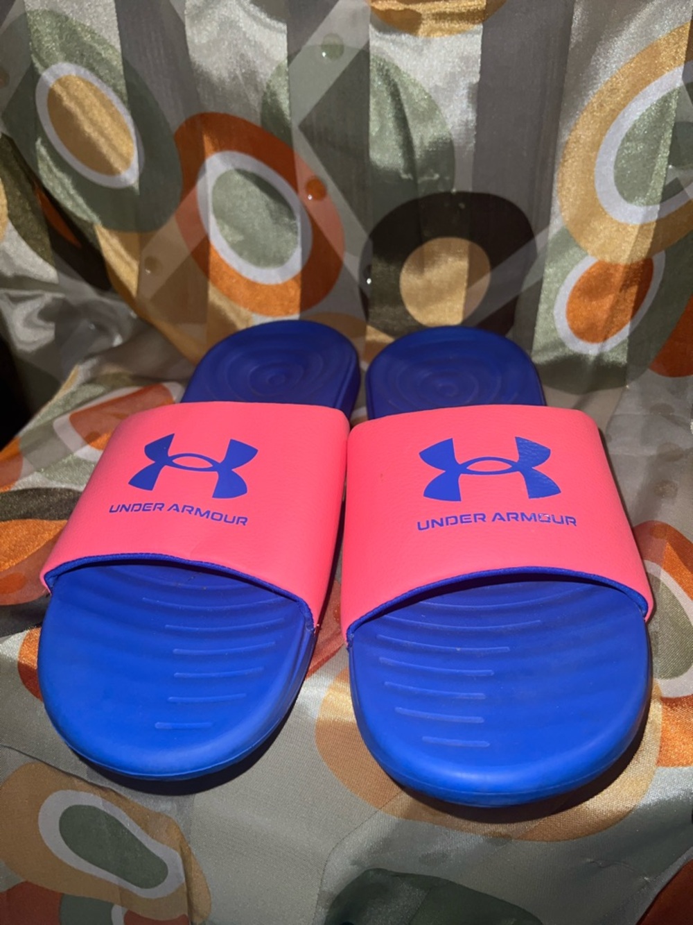 Under Armour Neon Pink Strap with Blue Logo Slide Sandals